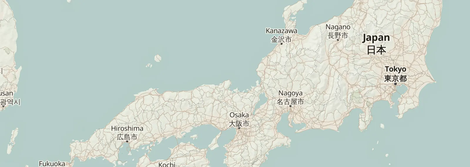 Map of central Japan, from Hiroshima in the west to Tokyo in the east.