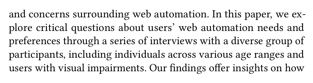 Clipping from the paper’s abstract. Highlighted: “users’ web automation needs and preferences” and “individuals across various age ranges and users with visual impairments”.